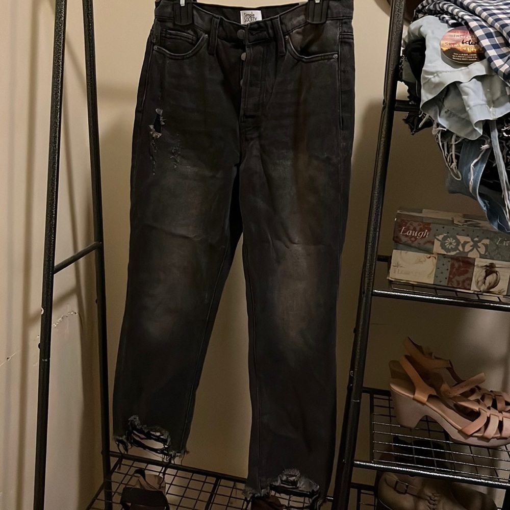 Black denim cropped jeans. Distressed. New without tags.